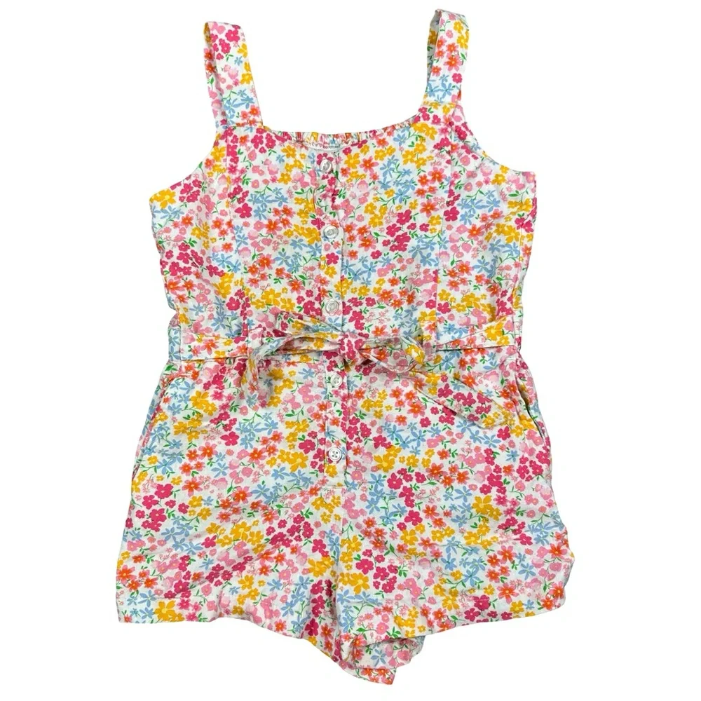 Old Navy Linen Sleeveless Colorful Floral Waist Tie Romper Size M (8)
